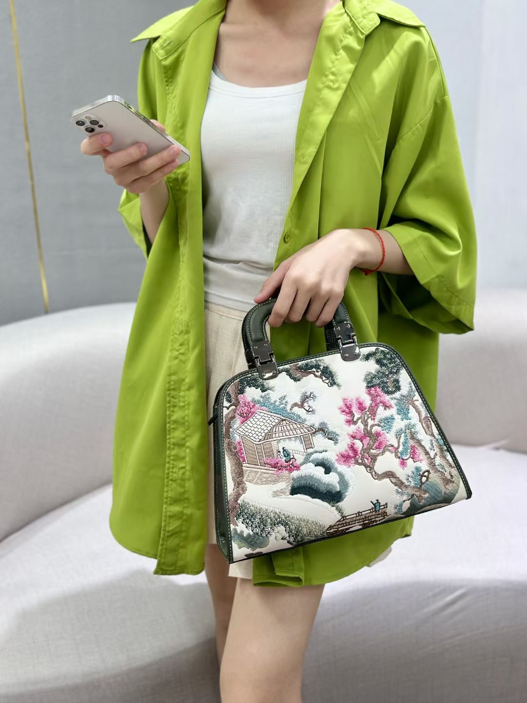 Vintage Chinese Style Embroidered Dark Green Bamboo-Handle Handbag designer bag