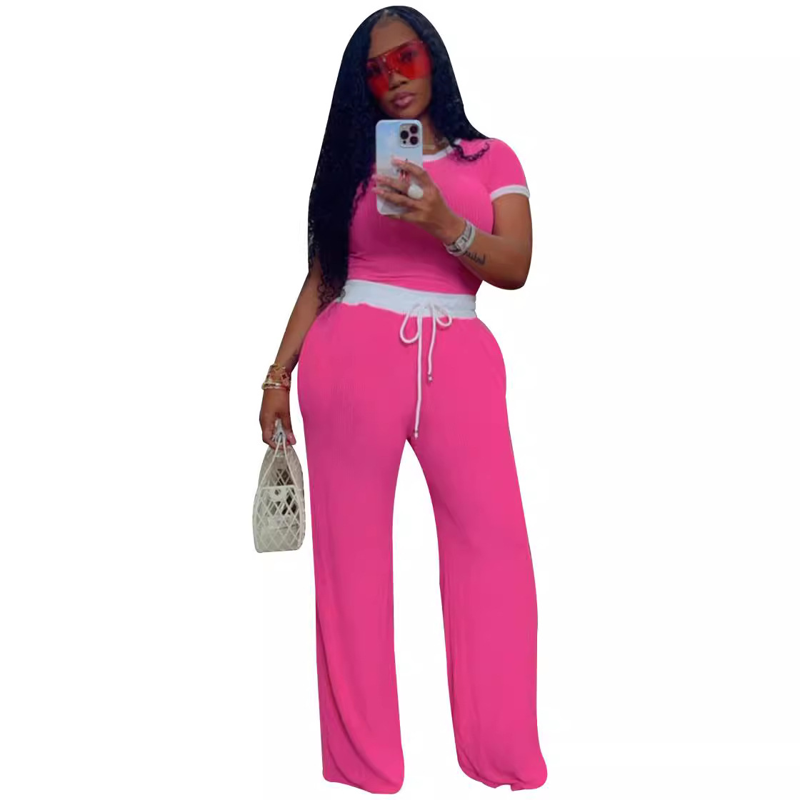 Designer women set Summer casual street daily ribbed color-blocking round-neck short-sleeved pants set Women sportswear two-piece long pants set