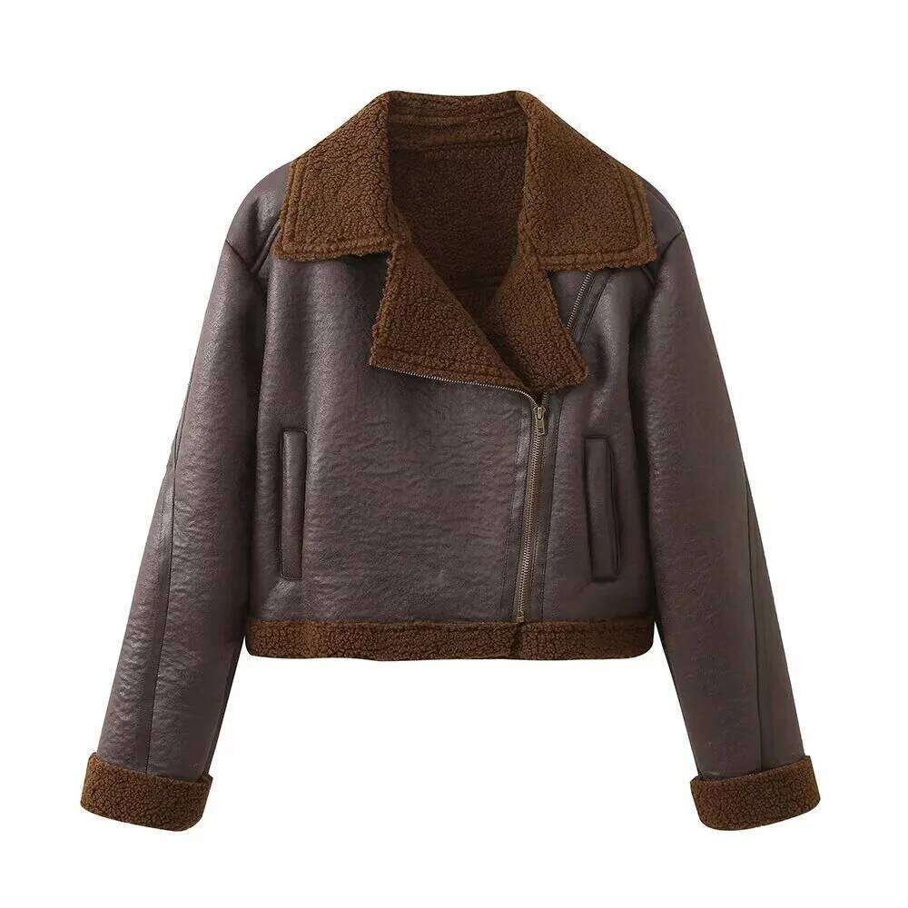 TRAF Autumn New Product Women's Fashion Casual Motorcycle Short Leather Jacket Long Sleeve Coat