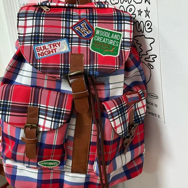 Vintage Plaid Casual Contrast Color Backpacks Preppy Streetwear Fashion Womens Bags Y2k Students Retro Ins All Match Schoolbags 250606