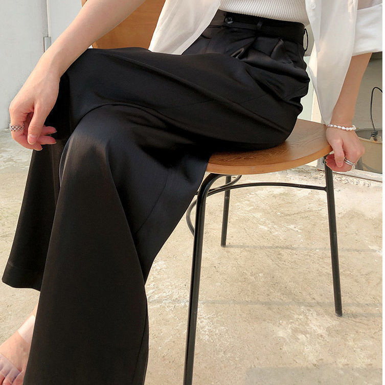 The/* - r * ow acetate satin straight black commuting wide leg with a slimming effect, loose fitting suit, casual women's pants for women Z260314