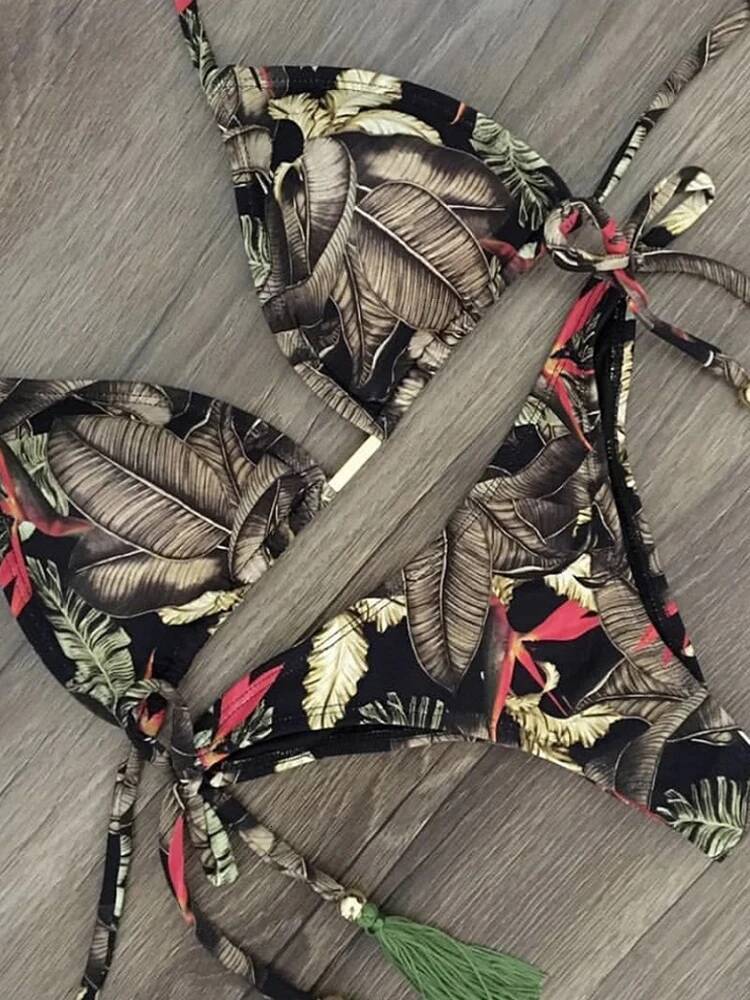 2020 Women Sexy Bikini Set Up Floral Print Bandage Swimsuit High Waist Thong Brazilian Biquini swimwear Summer Beach Wear
