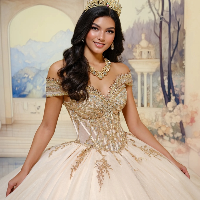 Champagne Shiny Off The Shoulder Ball Gown Quinceanera Dresses Appliques Lace Beading Crystal Tull Sweet 16 Dress vestidos 15 Anos