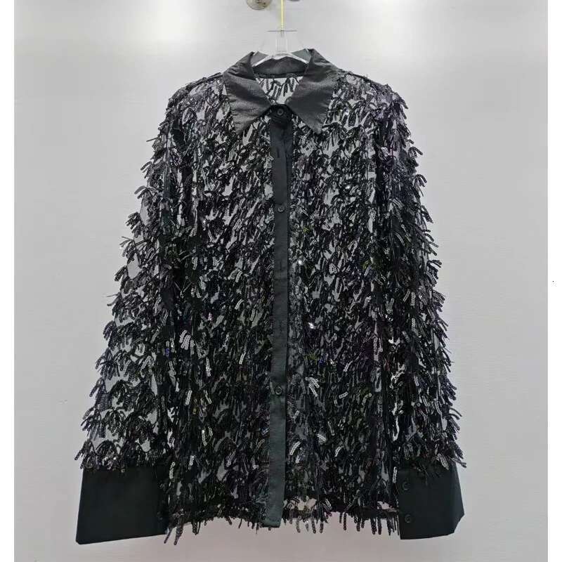 DEAT Women Shirt Loose Patchwork Sequins Single Breasted Sunscreen Perspective Thin Style Blouse Summer 2025 New Fashion 29A1147