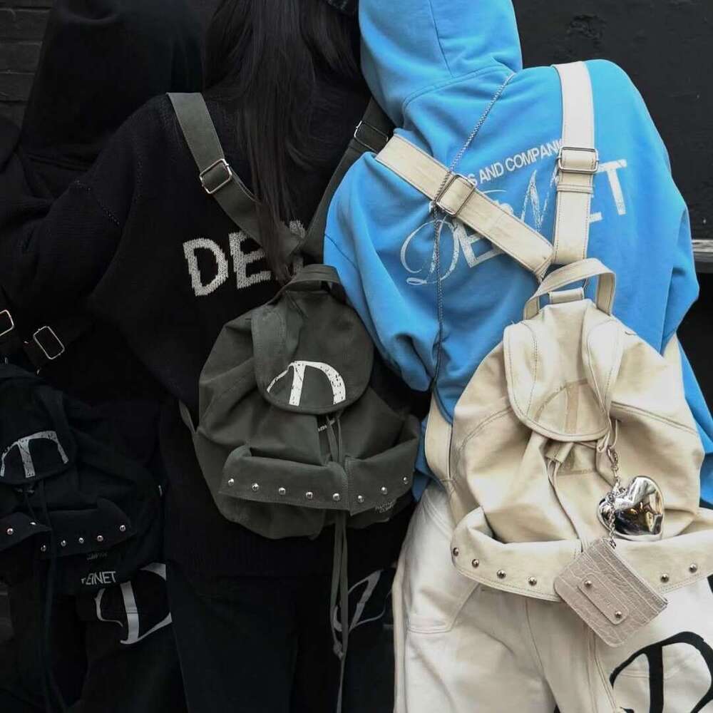 Korean Niche Brand Deinet D Letter Large Drawstring Pocket Rivet Canvas Backpack for Women