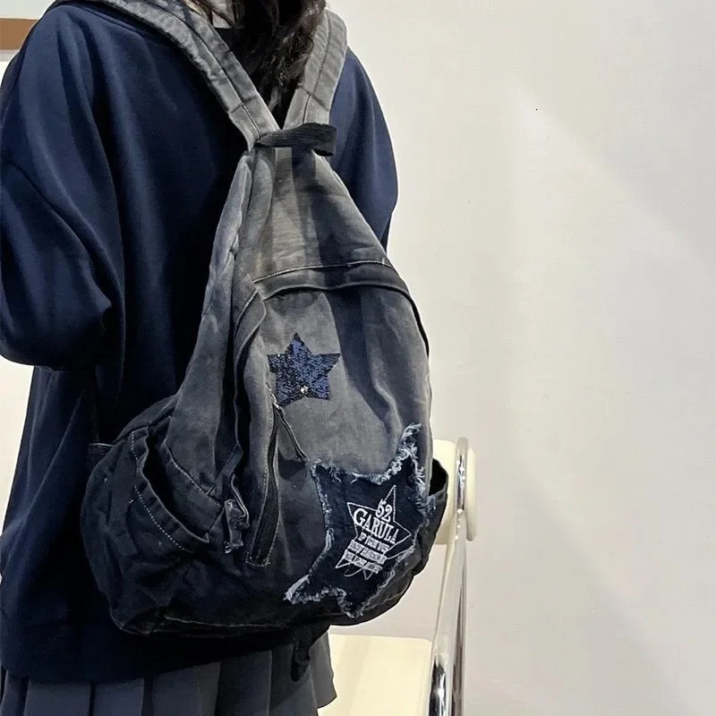 Y2K Korean Casual Denim Backpack Fashion Star Pattern Large Capacity Student Schoolbag Teenagers Vintage Punk Travel Book Bag 250606