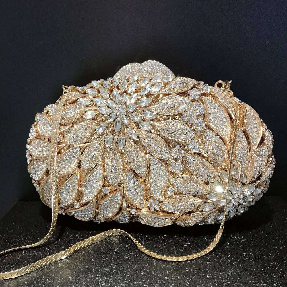 Gold Metal Leaves White Crystals Evening Clutch Bags Women Wedding Party Purse Ball Handbags Rhinestone Mini heart bag