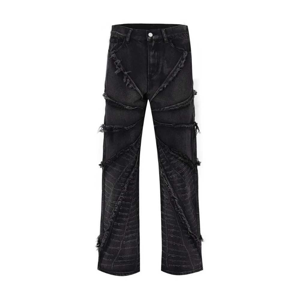 High Street Fringe Cotton Jeans Straight Leg Loose Fit Black Hip Hop Cotton Knit Fabric Distressed Washing Shorts For Men M250610