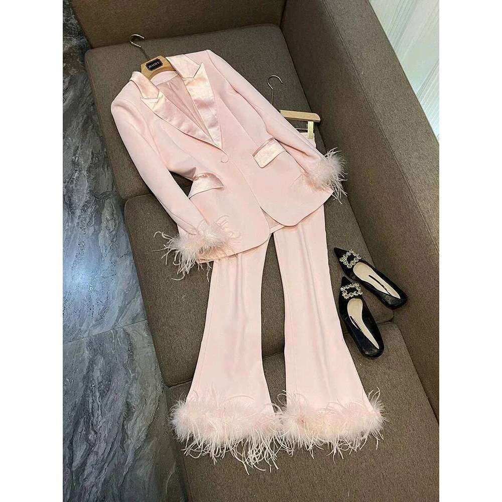 Blazer PantSuits White Real Feathers Sleeve Single Button Party Office Business Wear Suit Lapel Jacket Pants Two Piece Sets