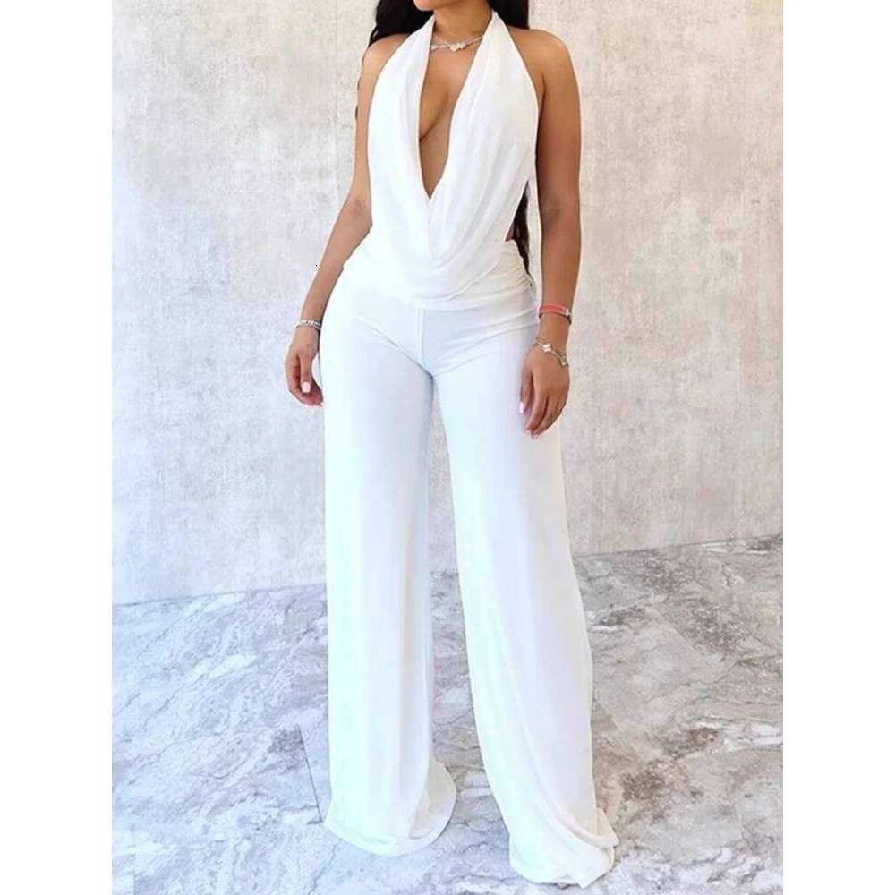 Halter Backless Deep V Cowl Neck Solid Color Jumpsuit For Women Elegant Evening Gowns Tea Party Attire Sexy One Piece Outfit
