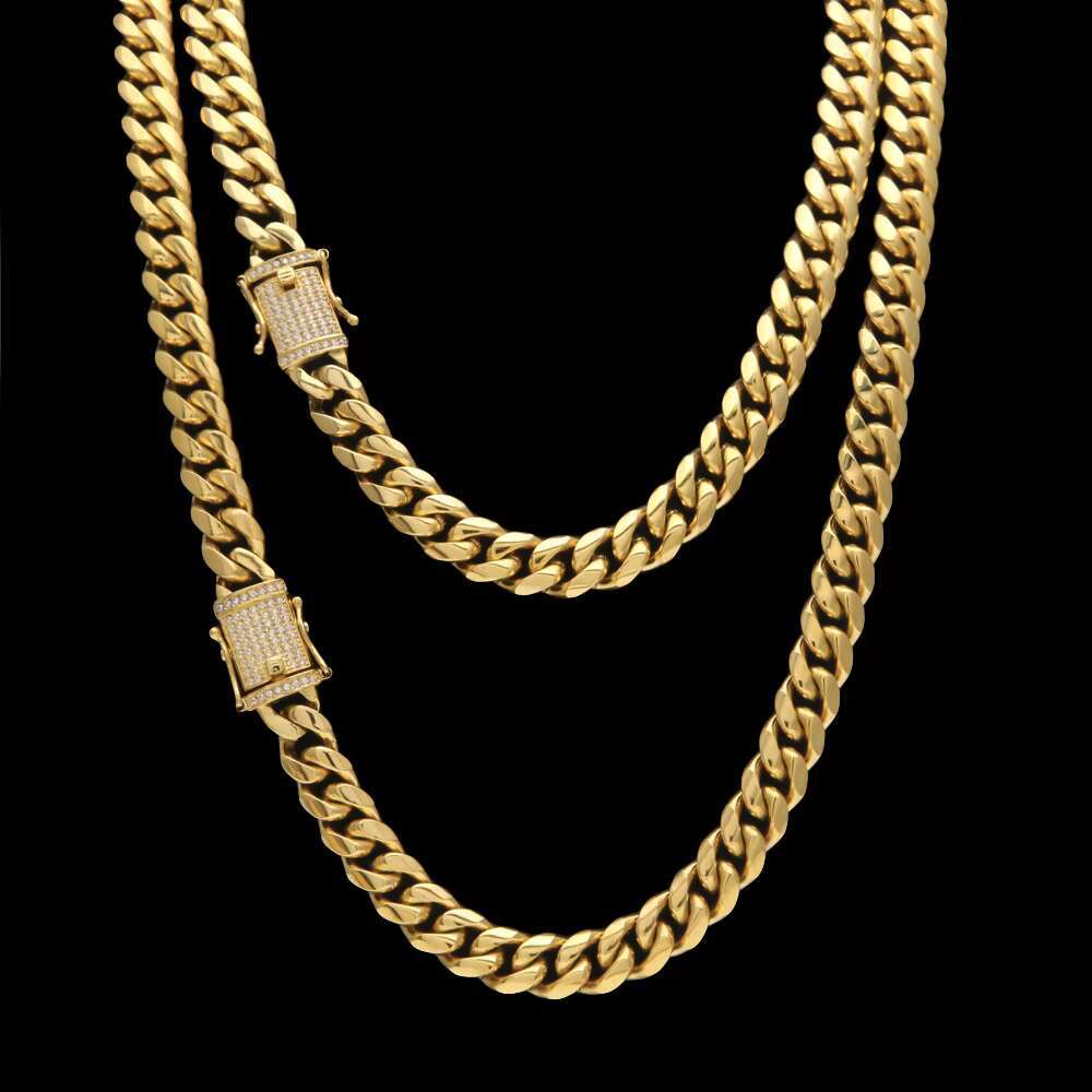 OACOCA Out Men Cuban Link Miami Chain Necklace Stainless Steel Rhinestone Clasp Hip Hop Men Curb Gold Casting Chain Necklaces