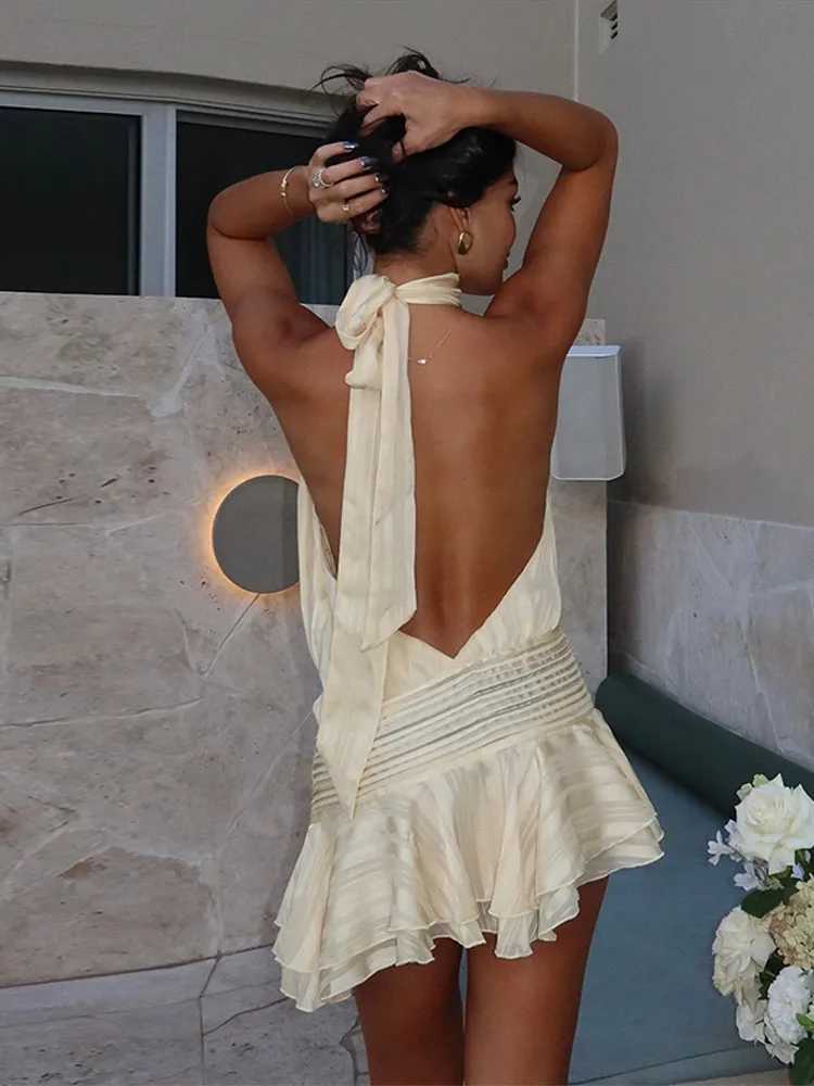 Sexy Halter Ruffles Mini Dress Women Lace Up Sleeveless Backless Beach Party Dresses 2025 Summer Fashion Vacation Lady Robe XJ250610