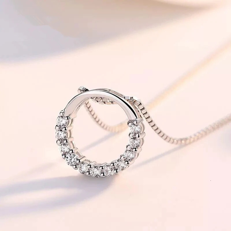 Fashion 925 Sterling Silver Jewelry Round Zircon Pendants Necklace Fine Semi Rhinestone Circle Clavicle Chain Choker 250609