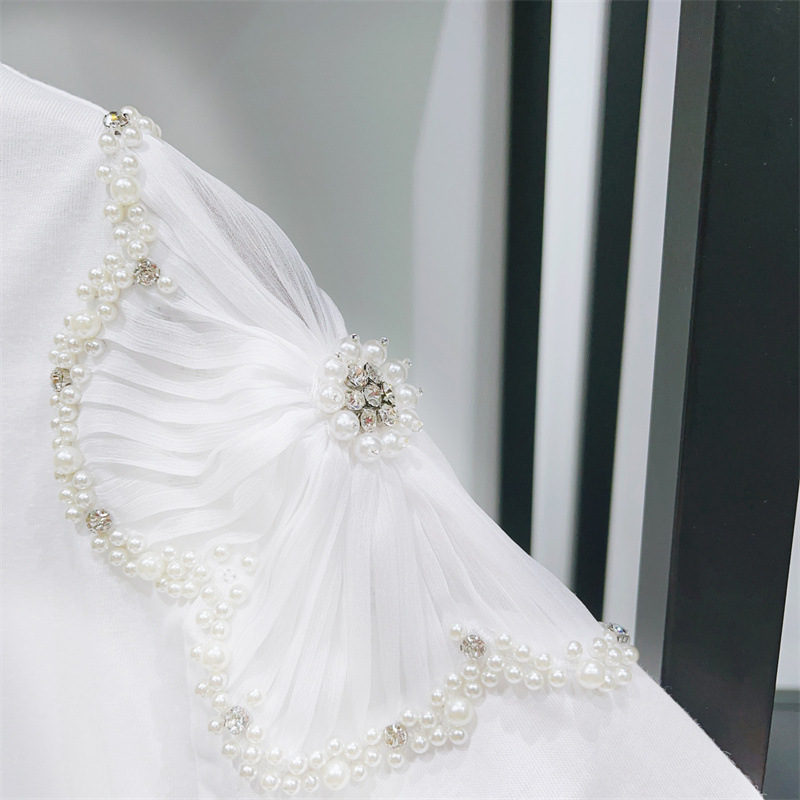 Women's Round Neck White Tshirt Shoulder Beading Diamond Flower Decoration T-Shirt Simple Lady Short Sleeve Tee Top