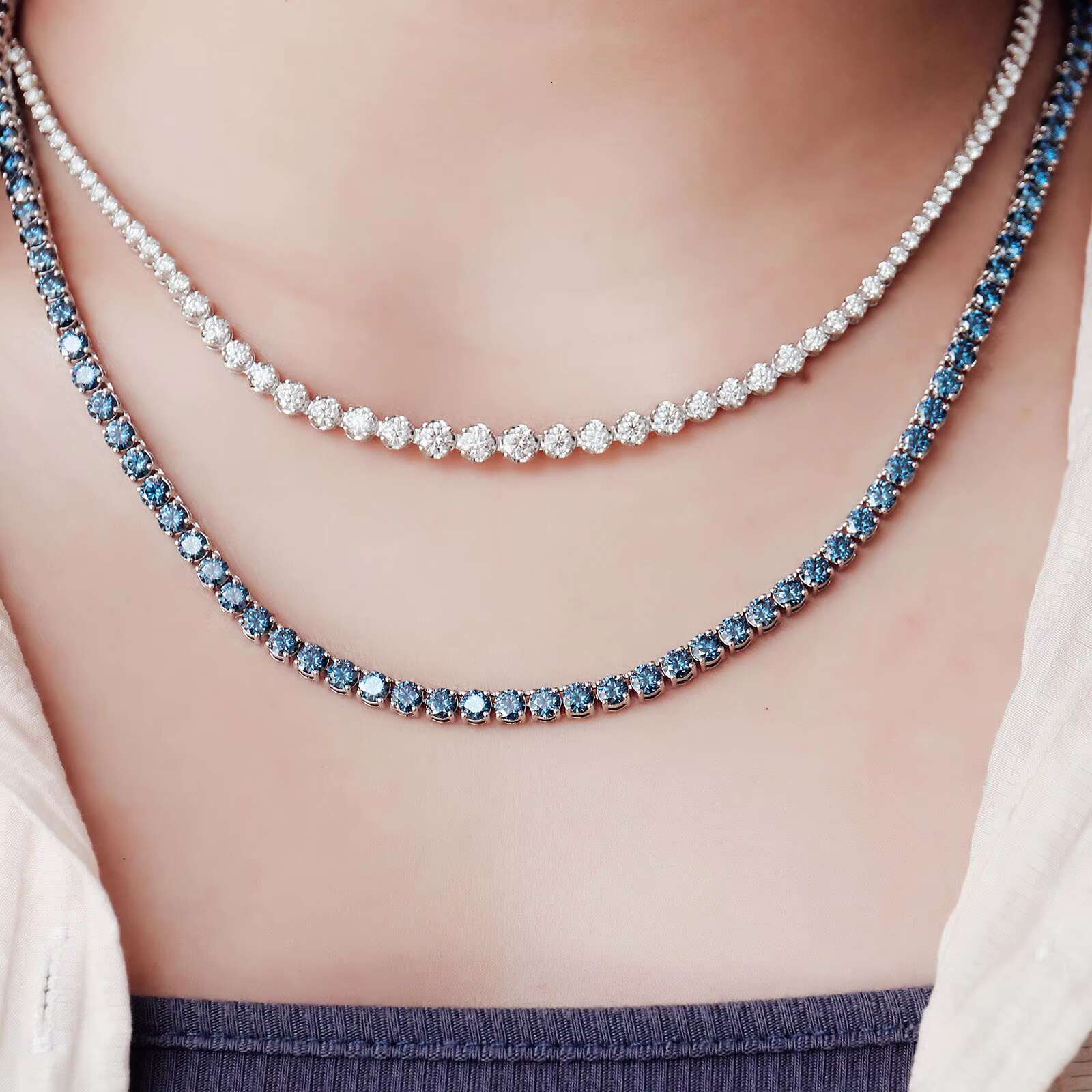 OACOCA Fine Chains Necklaces Blue Moissanite Tennis Chain Necklace 925 Sterling Silver With for Wedding Engagement or Gift