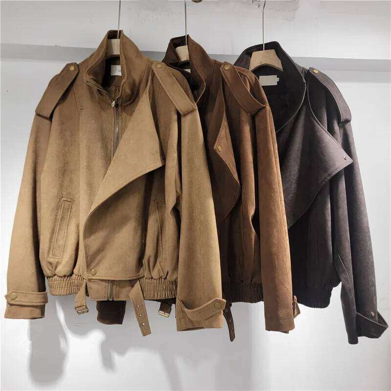 WTHT Fashion Trendy Women's Suede Fabric Long Sleeves Jacket 2025 Spring New Stand Collar Zipper Coat Female 1LS1076