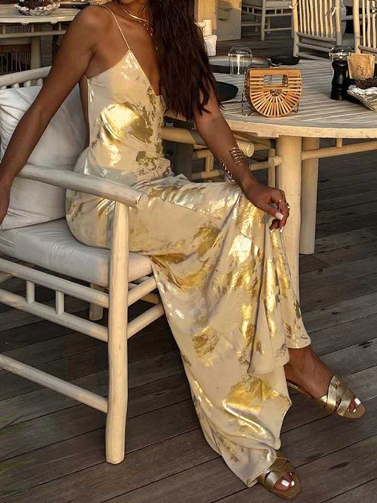 Sexy Spaghetti Strap V Neck Gold Stamping Bodycon Maxi Dress Women Backless Sleeveless Long Dress Evening Club Party VestidosXJ250610
