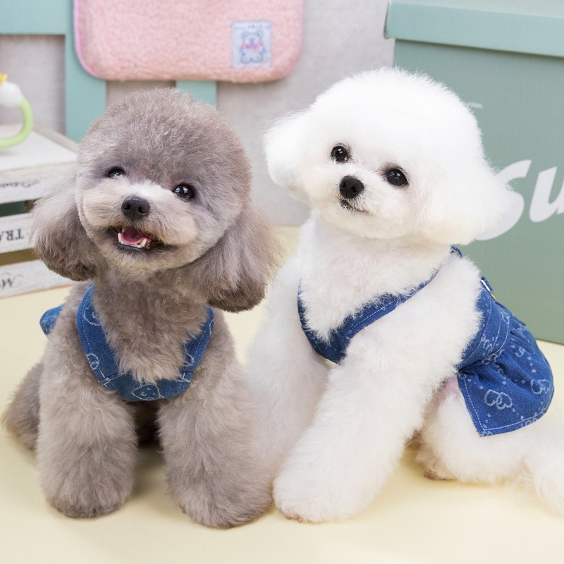 Denim Dog Harness Dresses for Small Dogs Puppy Girl Clothes with Cute Little bear, Heart-shaped Print Summer Cat Apparel with D-Ring Blue Boy Girl Dog