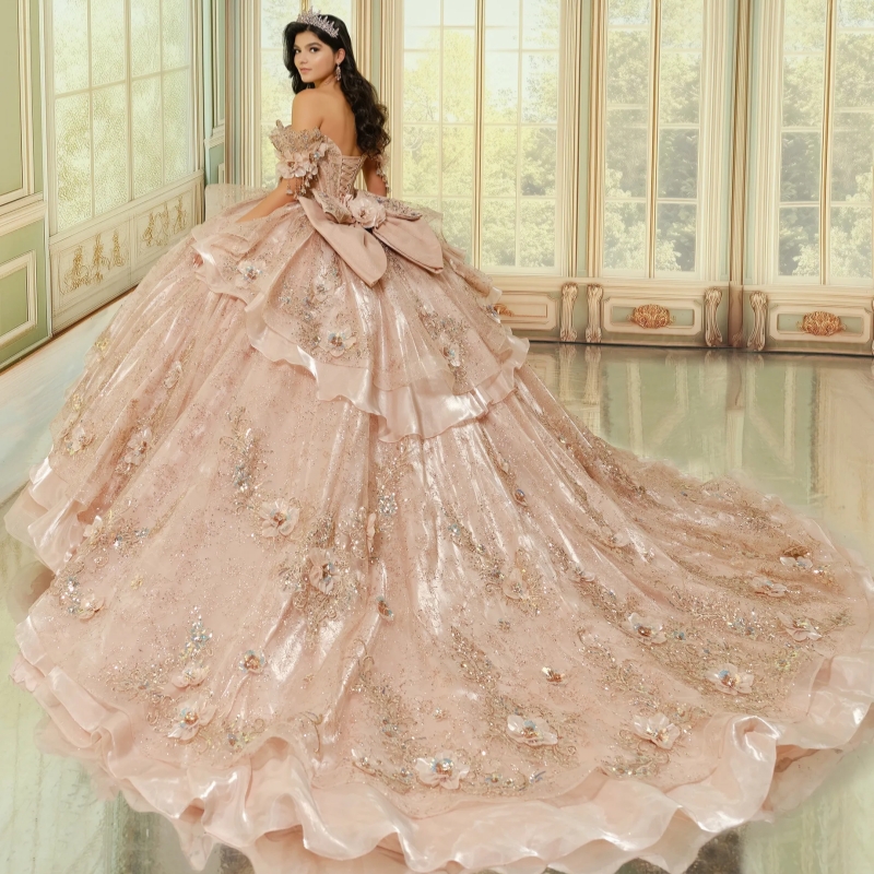 Pink Shiny Off The Shoulder Ball Gown Quinceanera Dresses Appliques Flower Beading Crystal Bow Tull Sweet 16 Dress vestidos 15 Anos