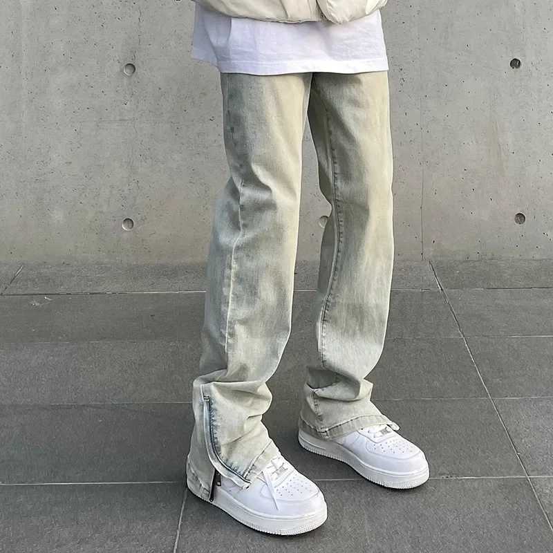 Vintage Wash Distressed Mens Jeans Straight Leg Side Slit Zippered Baggy Pants American Style High Street Casual Wear M250610
