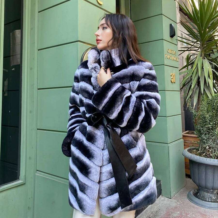 Natural Pelt Jackets Long Style Chinchilla Color Coat For Women Real Rabbit Fur High Quality Genuine Leather Jacket