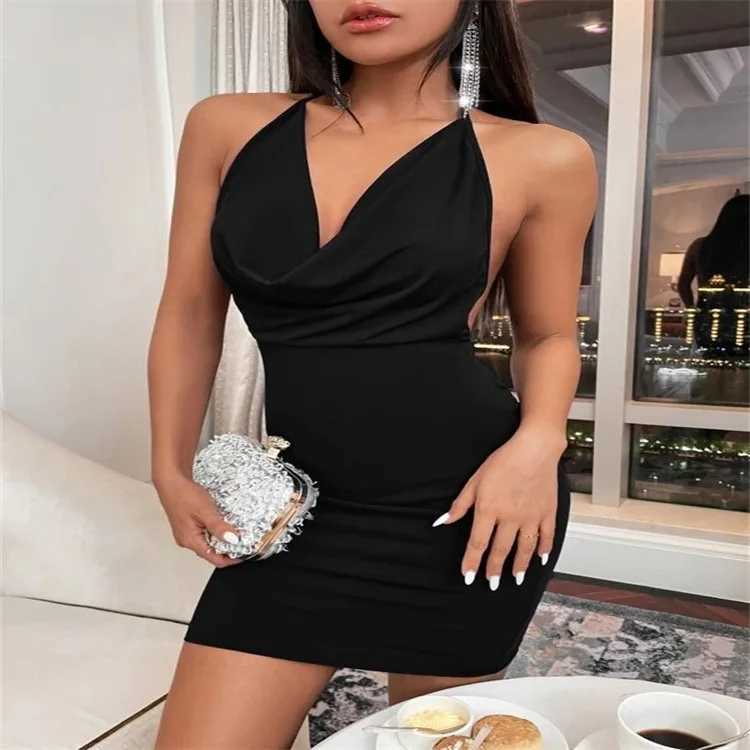 Sexy Mini Dress Lace Up Strap Pure Solid Party Club Elegant Y2K Hanging Neck Hollow Backless Strapless V Neck Elegant Evening Dress XJ250610
