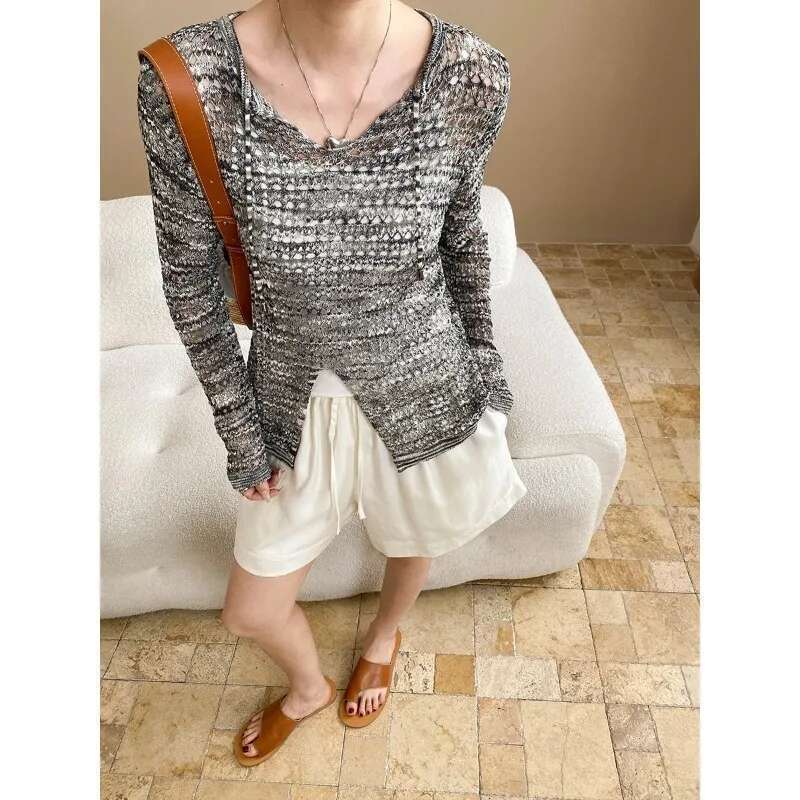 Curved Bead Ice Silk Hollow Out Split Knit Sunscreen Cover-Up Tops
