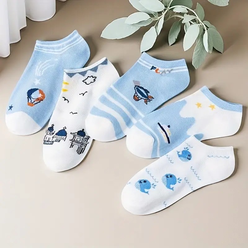 Blue Low-Cut Cartoon Non-Slip Boat Socks for Women - Casual & Cute Spring/Summer Footwear