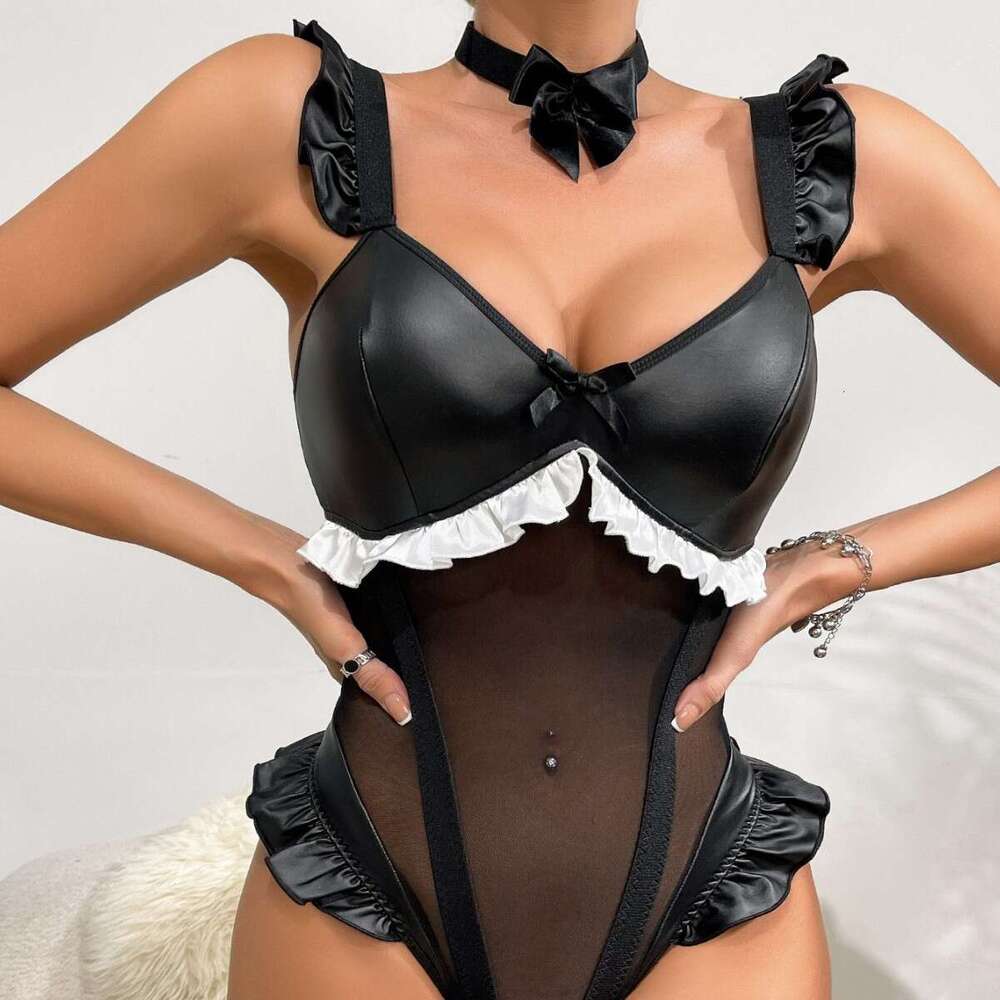 Spell Lingerie Porn Suits New Lingerie Cute Bowknot Patent Leather Uniform One Piece Sexy Set For Women Sexy Lingerie