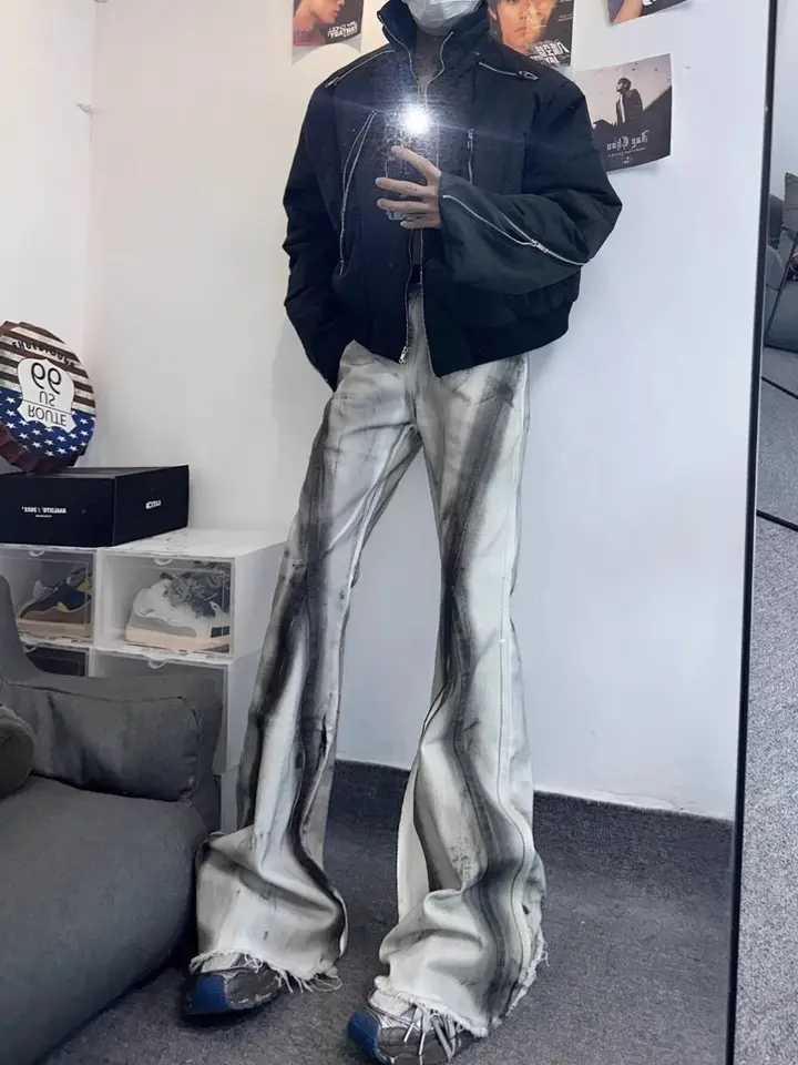 Y2K Heavy Retro Wasteland Style Dirty Ink Contrast Color Gradient Micro-flare Jeans Mens Trendy Brand Floor-moving Casual Pants M250610