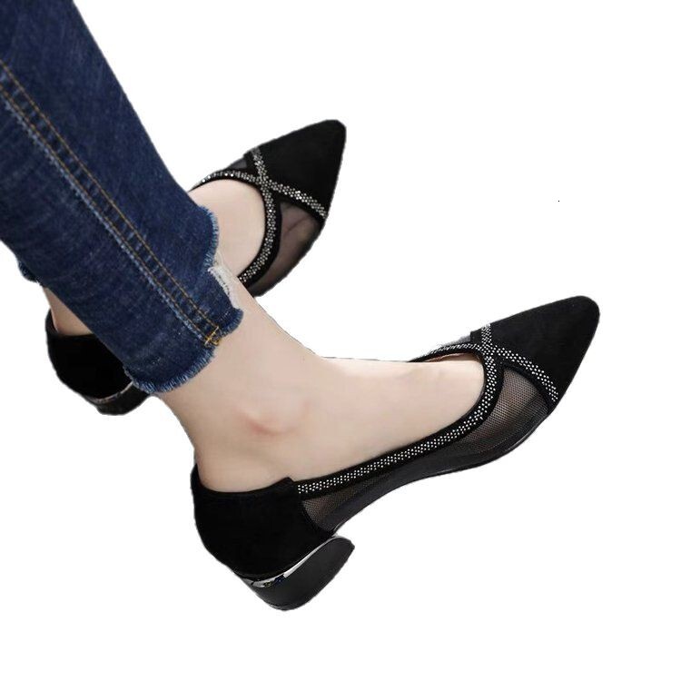 Breathable sandal Mesh Sandals For Women New Summer Pointed Toe Shallow Mouth Single Thick Heel Flat Versatile Comfortable Small Leather Shoes Ddmysat
