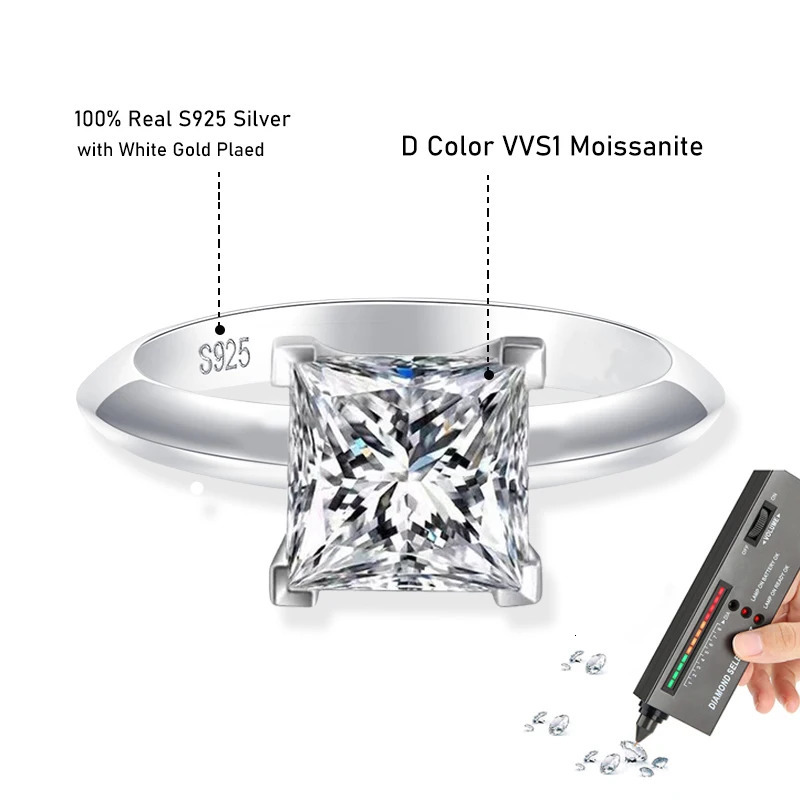 Tezzc 1ct 2ct Princess Cut Lab Diamond Ring For Women 925 Sterling Silver Pass Diamond Test Bands Party Wedding Rings 250610