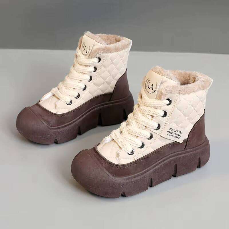 Trendy Lace-up Casual High Top Women Fleece Winter Shoes PU Leather Thick Sole Sneakers
