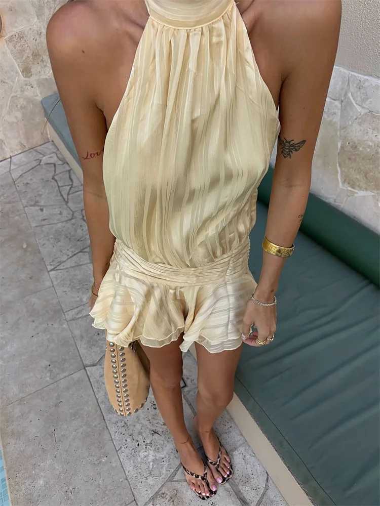 Halter Ruffle Mini Dress Women Sexy Sleeveless Backless Lace Up Party Dresses 2025 Summer Beach Fashion Vacation Lady Short Robe XJ250610
