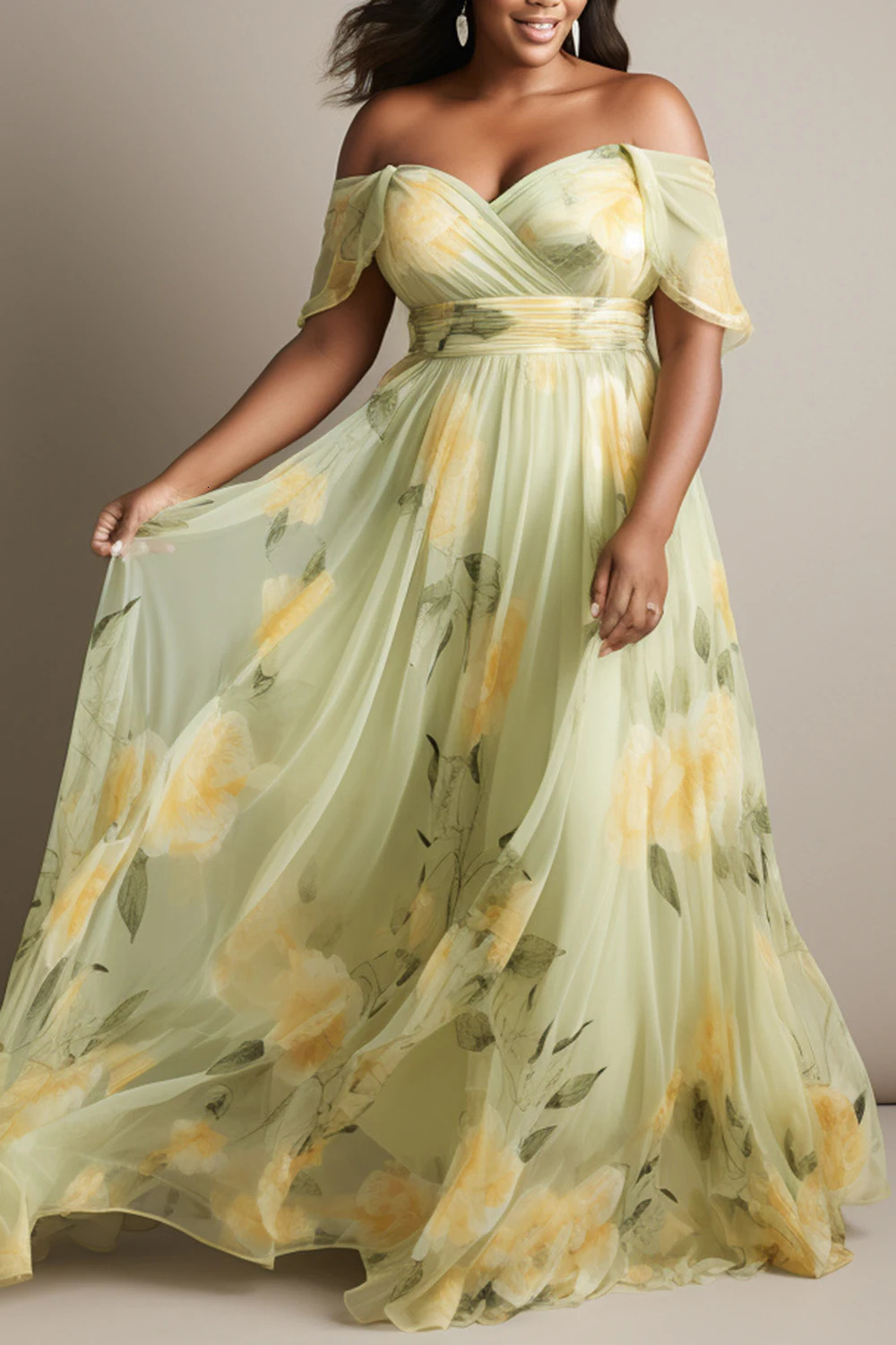 Plus Size Wedding Guest Sage Green Floral Off The Shoulder Short Sleeve Chiffon Maxi Dresses 250610