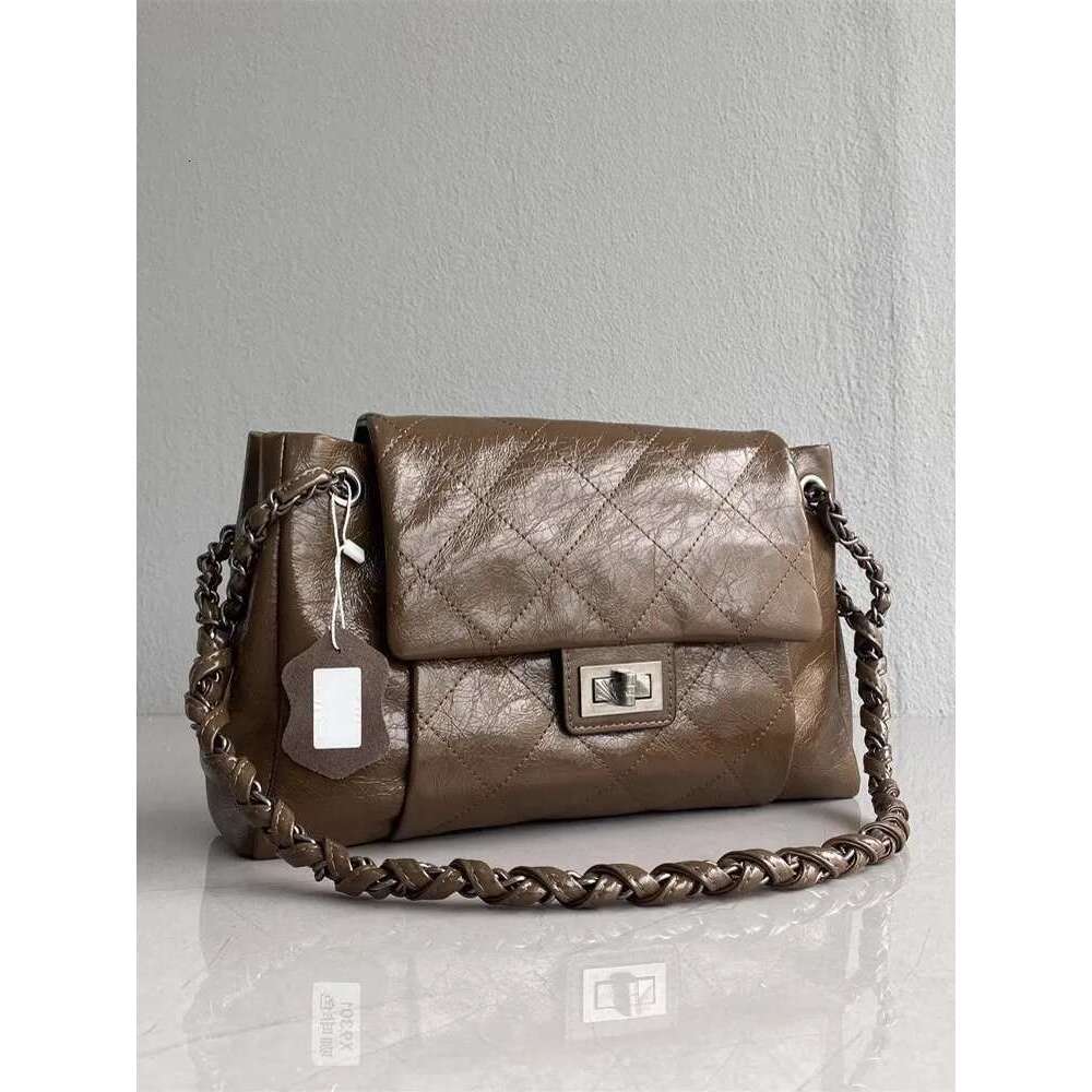 Vintage Women Oil Wax Cowhide Real Leather Office Ladies Classic Shoulder Chains Hasp Flap Bag Weave Strap Crossbody Bags