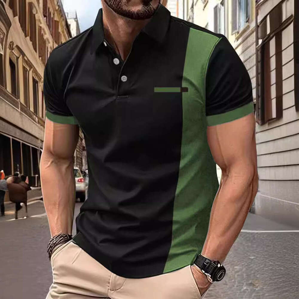 Ins Men's Summer Collar Striped Print Short Sleeve Polo Sports Shirt B5