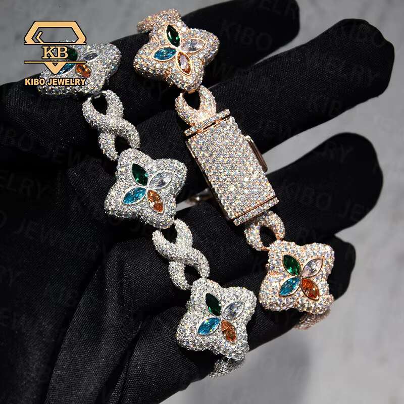 Hot Selling Clover Ice Chain New Tennis 4 Leaf Necklace 22mm Bracelet 925 Silver Moissanite Men Iced Out Hip Hop Chain