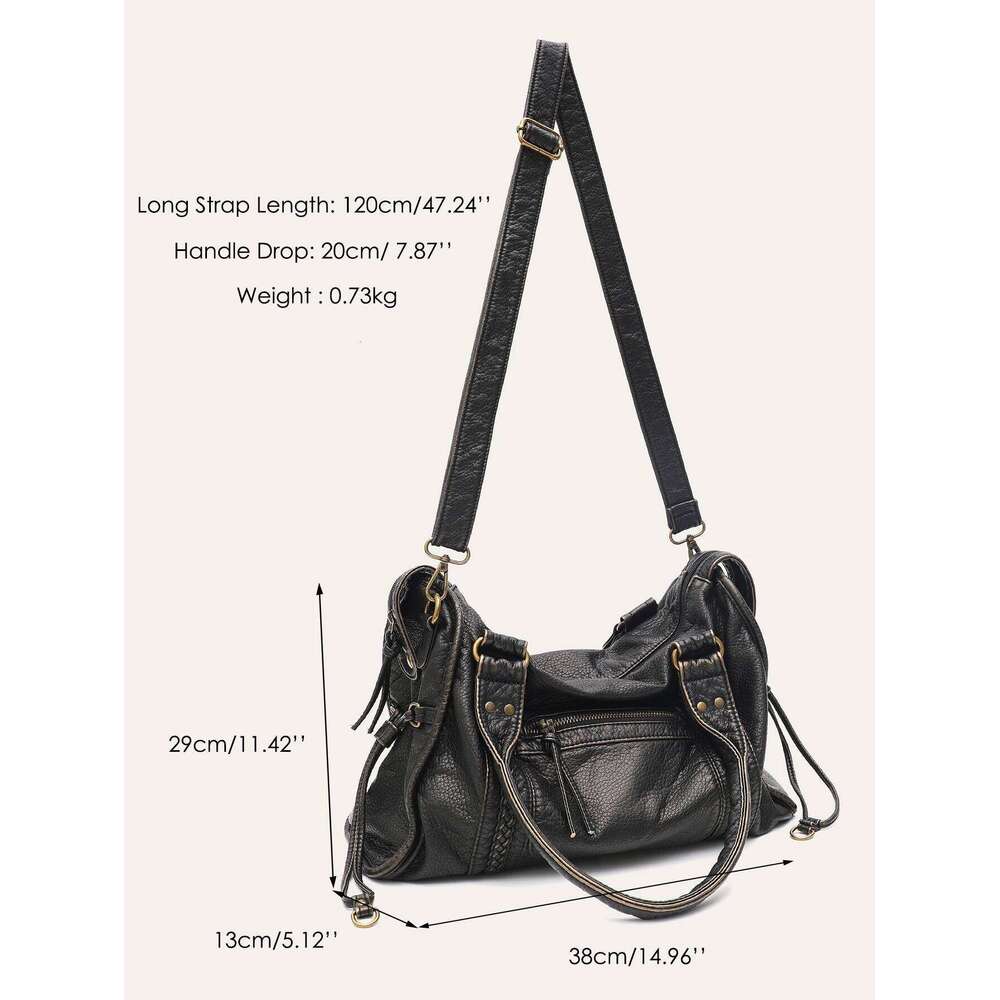 Vintage Washed PU Leather Large Capacity Tote Zip Pockets Braid Decor Shoulder Cross Body Bag Unisex Women Daily Travel Handbag