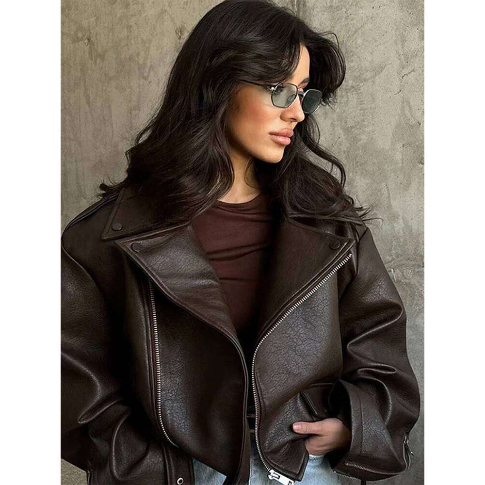 Leather Lapel Lace Up Jacket Woman Loose Solid Color Long Sleeves Zipper Coat Casual Street Fashion Women's New Baggy Jackets