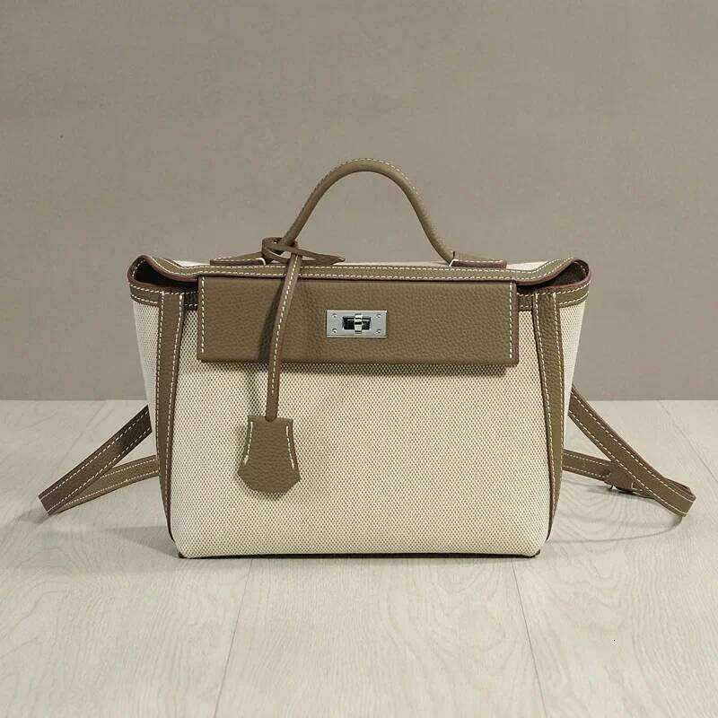 Vintage Classic High-End Feel Canva Cow Leather Flip-Open Molded Lock Buckle Color Blocking Small Square Crossbody Bag