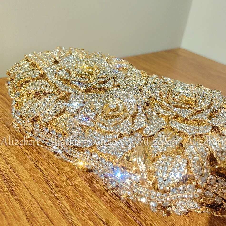 Alizekerr Rose Crystal Evening Clutch Bags Women New Boutique Sparkling Dia Flower Purses And Handbags Wedding Party