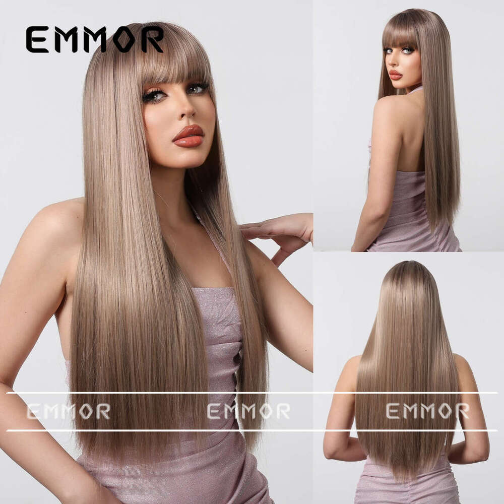 2024 New Product Bangs Champagne Brown Long Straight Elegant Goddess Wig Full Head Hairstyle Hair
