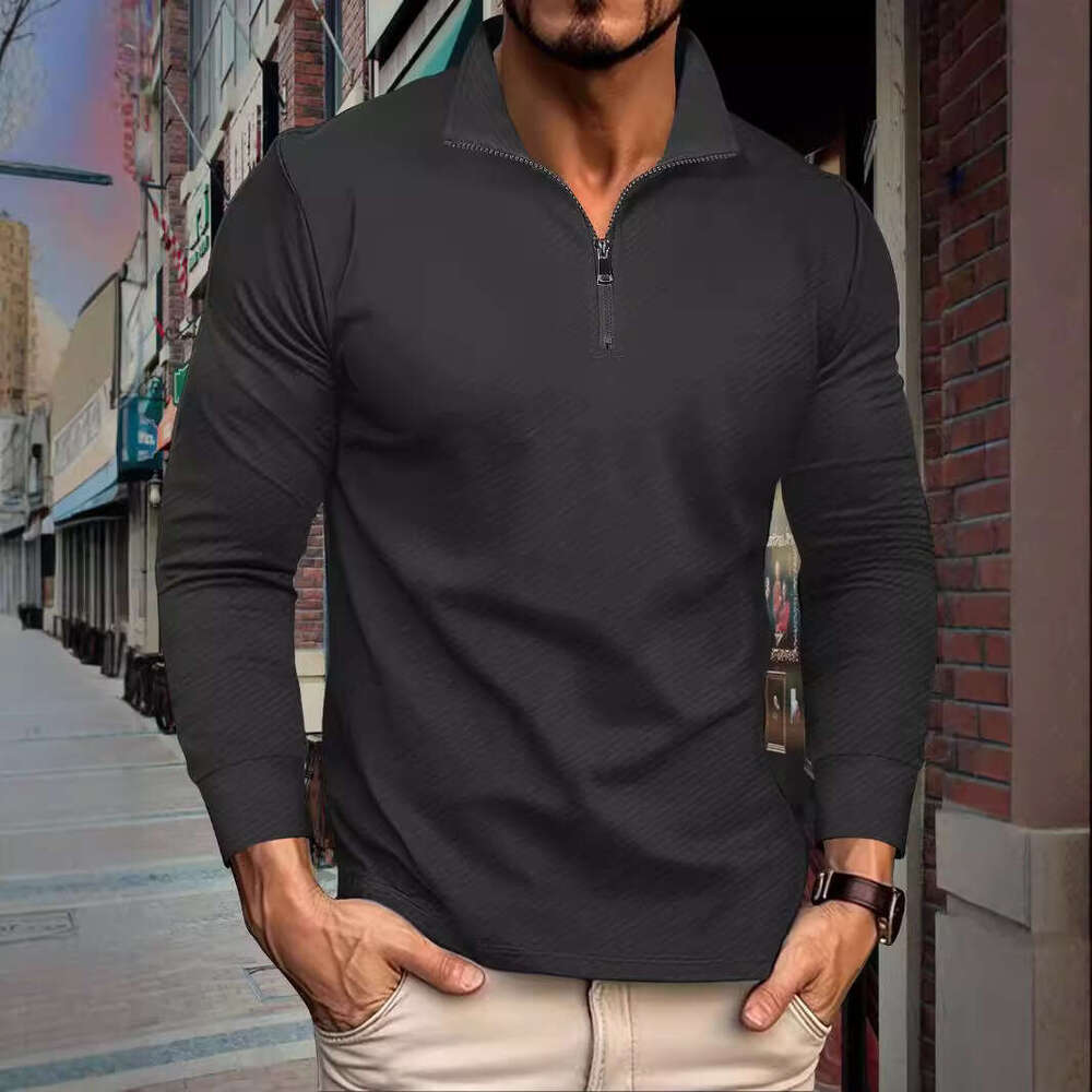 Ins Autumn New Twill Jacquard Zipper Long Sleeve Men's Sports Polo Shirt B5