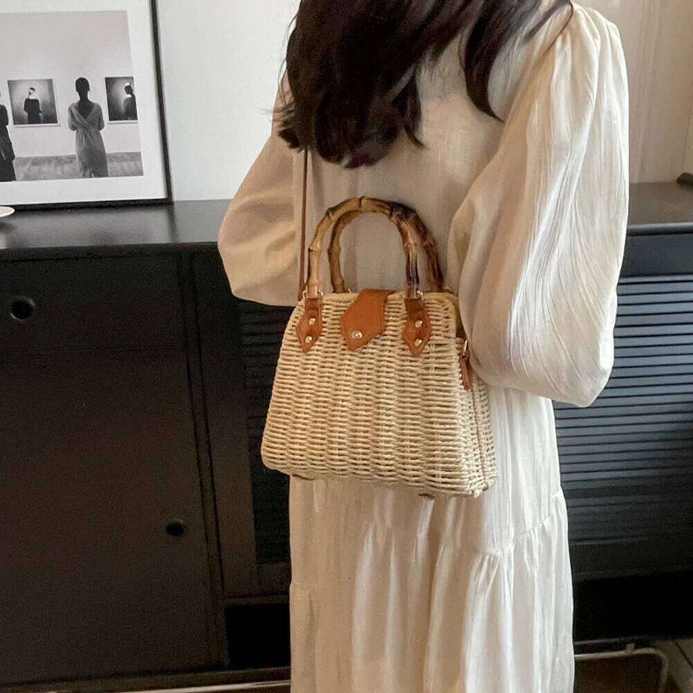 Summer Straw Basket For Women 2023 Bamboo Handle Rattan Handbags Beach Shoulder Crossbody Bag Travel Woven Bags Bohemia