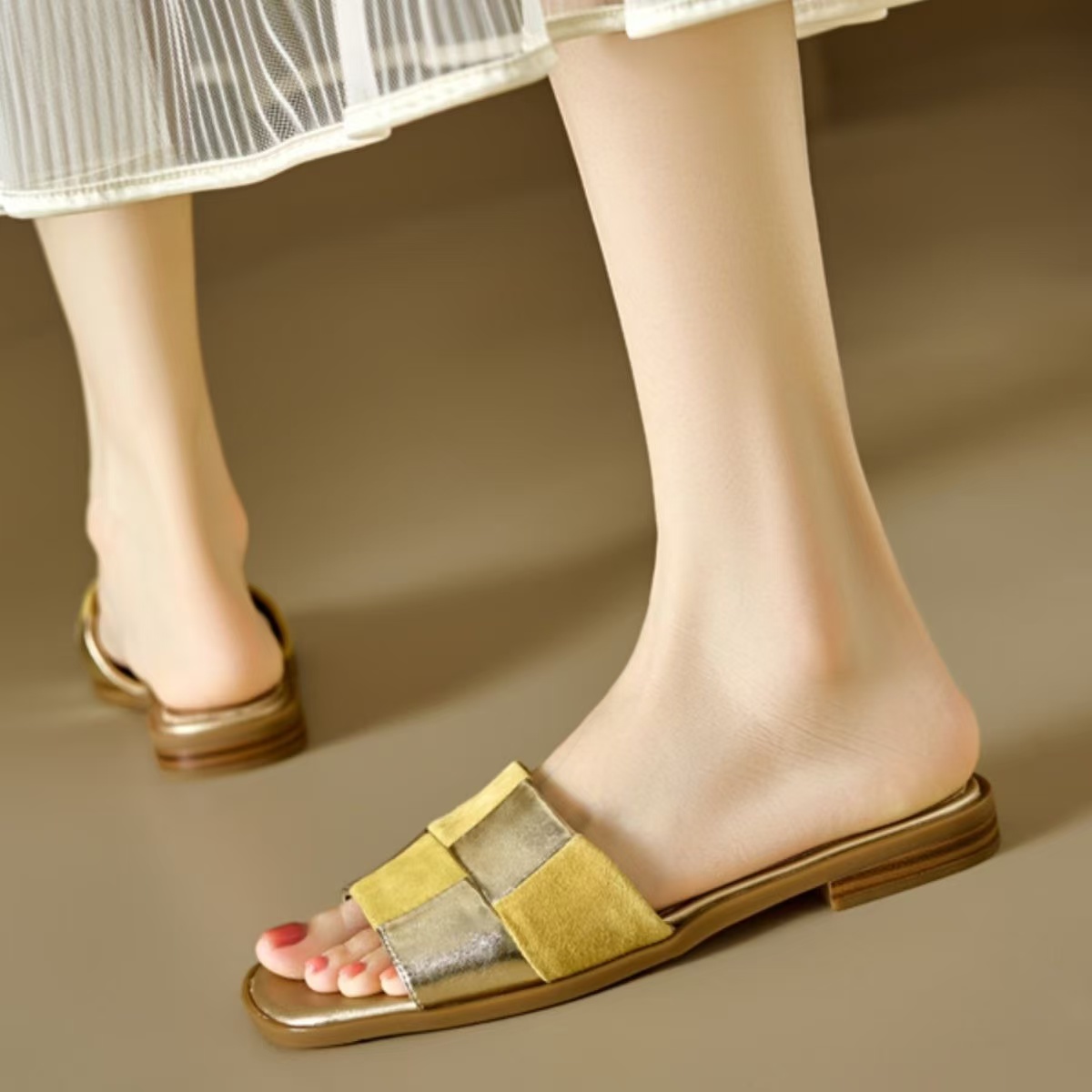 2024 New Summer Shoes Pointed Toe Solid Genuine Leather High Heel Mules Outside Slipper for Women Sandals 9df2