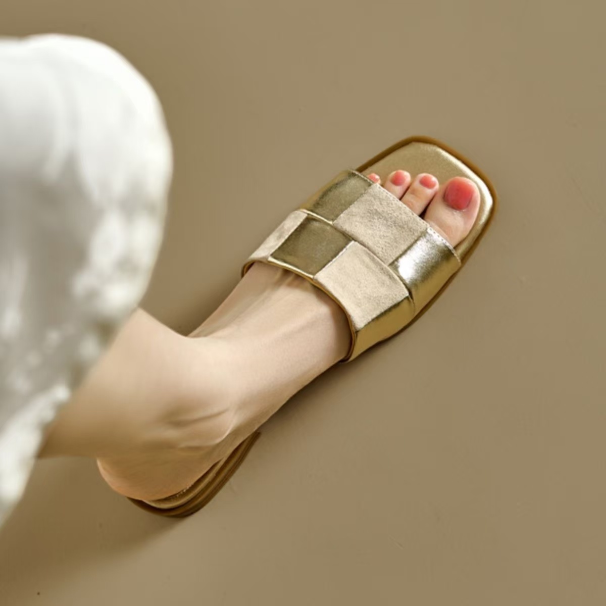 2024 New Summer Shoes Pointed Toe Solid Genuine Leather High Heel Mules Outside Slipper for Women Sandals 9df2