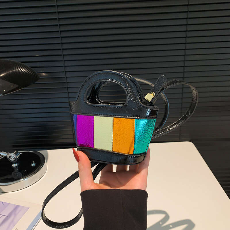 2024 New Fashion Color Block Mini Basket Bag High-end Texture Litchi Pattern GUHUISHU
