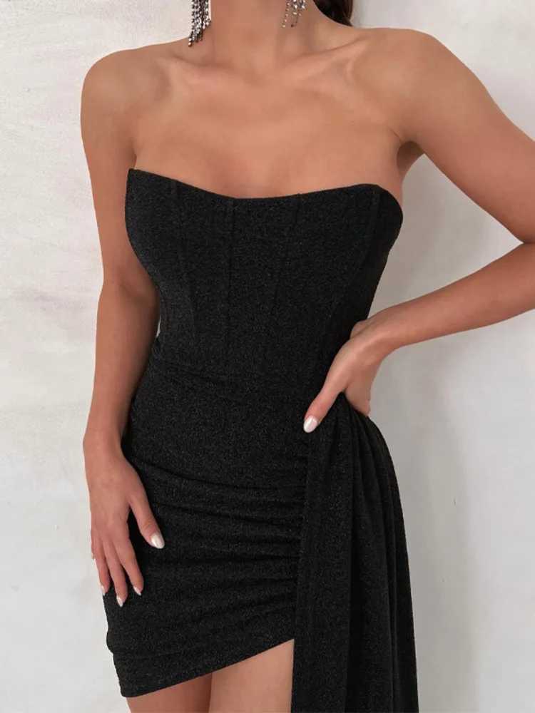 Mozision Elegant Strapless Lace-up Mini Dress For Women Robe 2023 New Off-shoulder Sleeveless Ruched Party Short Dress Vestido XJ250610