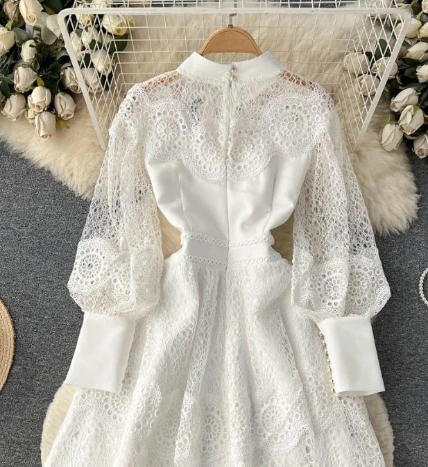 Summer Womens Casual Dresses Vintage Flower Embroidery Hollow Out Lace White Dress Womens Stand Collar Long Lantern Sleeve Pearls Buttons Party Vestid